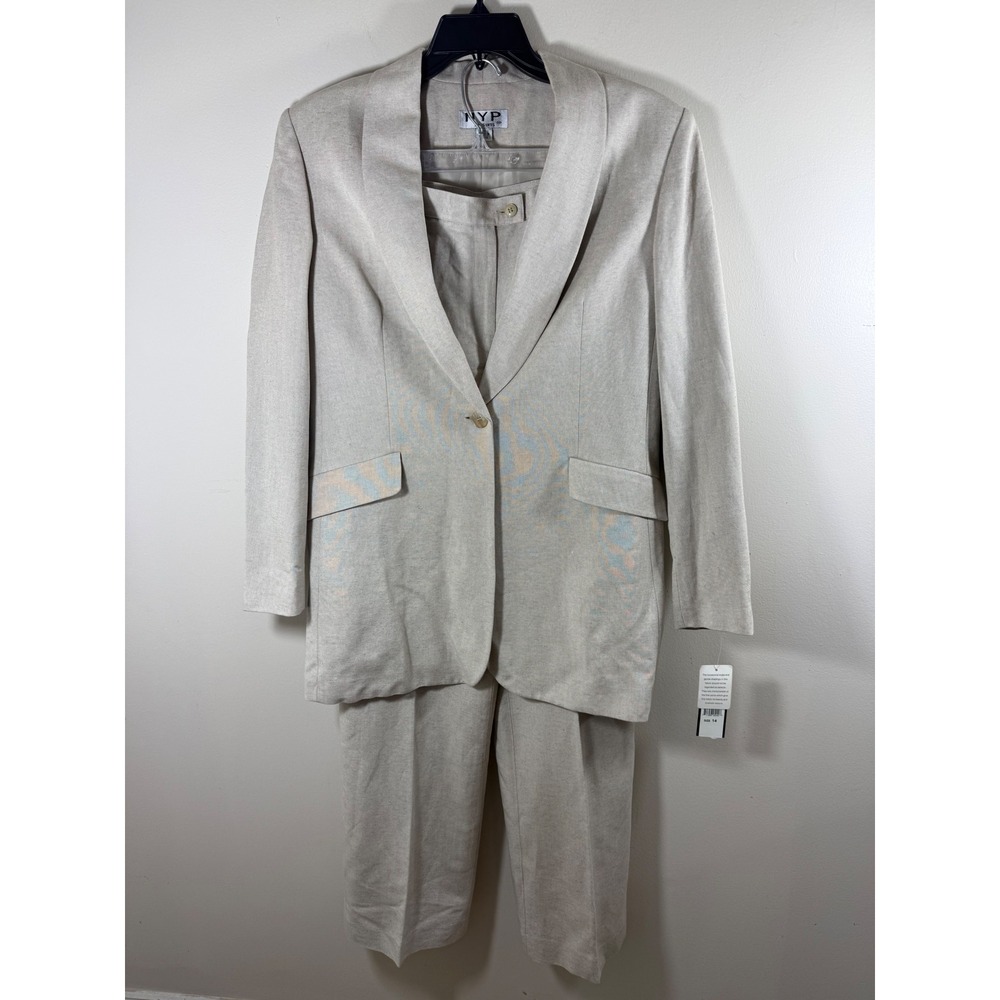 NWT NYP Women's Size 14 Beige Linen Blend Pantsuit Career Classic Minimalist